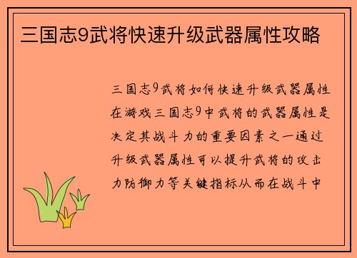 三国志9武将快速升级武器属性攻略